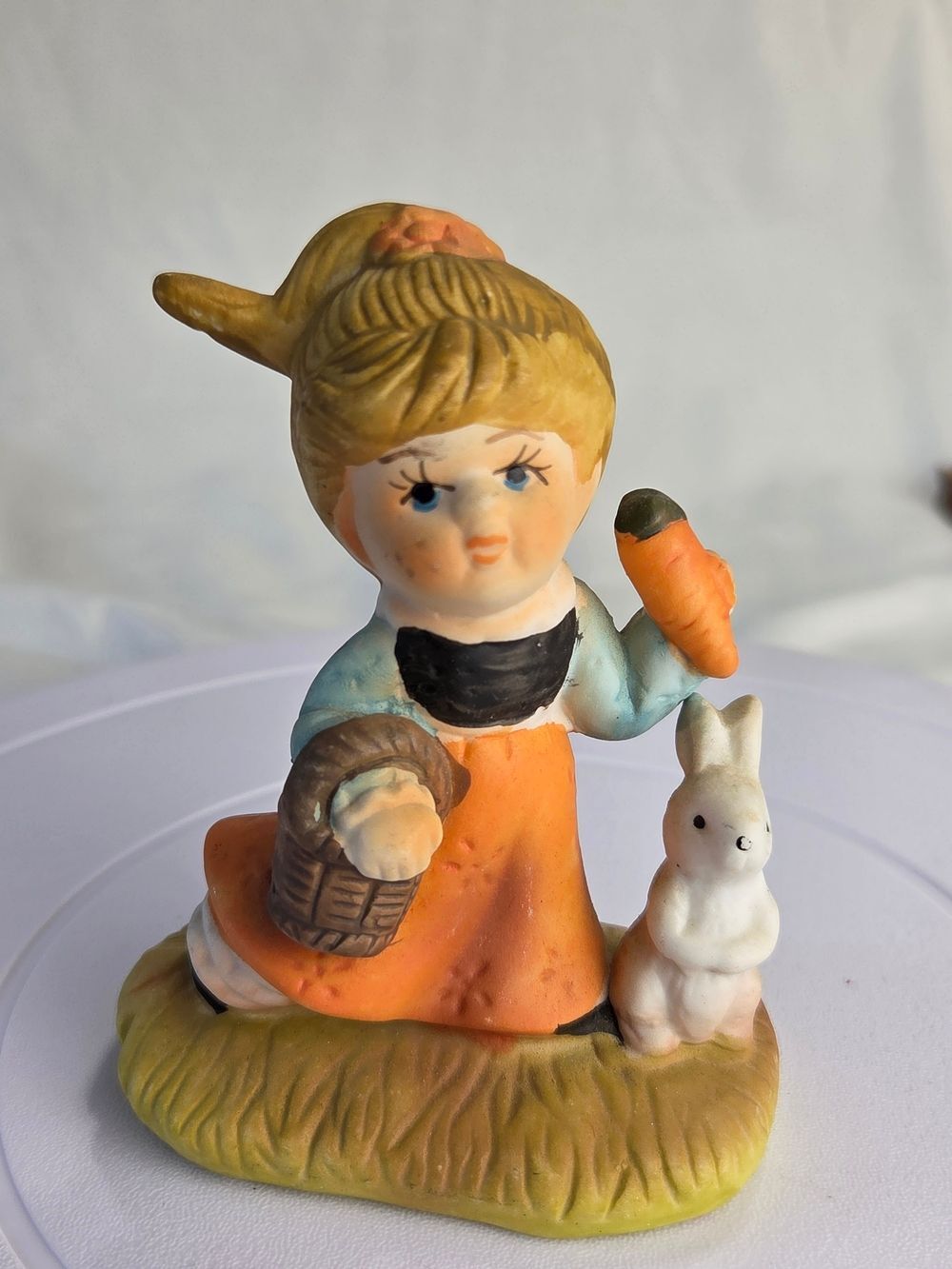 Hand-Painted Ceramic Girl Figurine with Bunny - Orange Dress